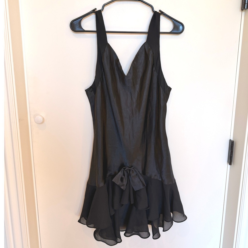 Black Satin Ruffle Bow Slip Mini Dress Lingerie Nightgown Babydoll